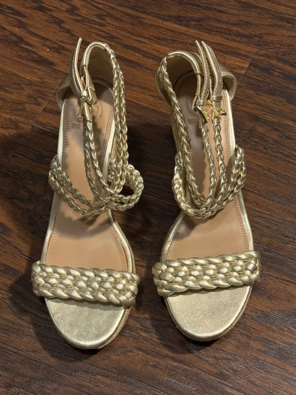 Tory Burch Metallic Gold Braided Espadrille Wedge Sandals, Sz 8.5, Like New